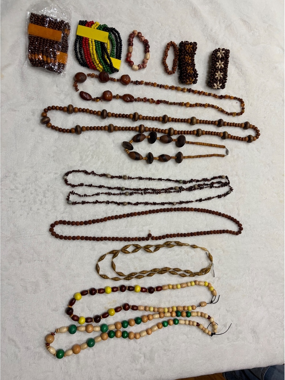 lot of various wooden, seed, nuts beaded jewelry necklaces bracelets